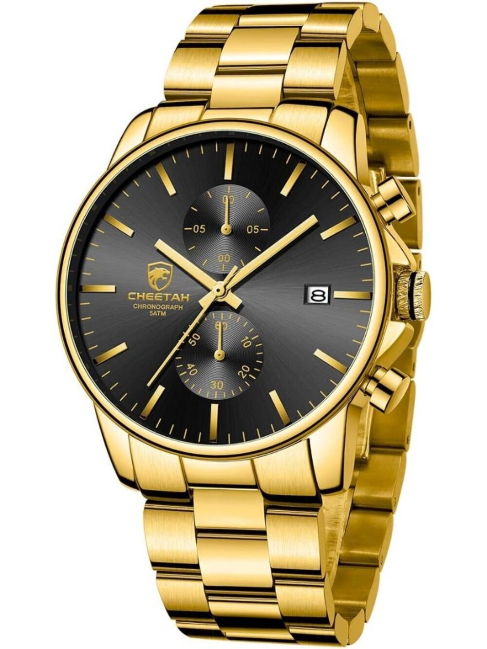 Men's Gold Black Classic Stainless Steel Waterproof Chronograph Quartz Watch
